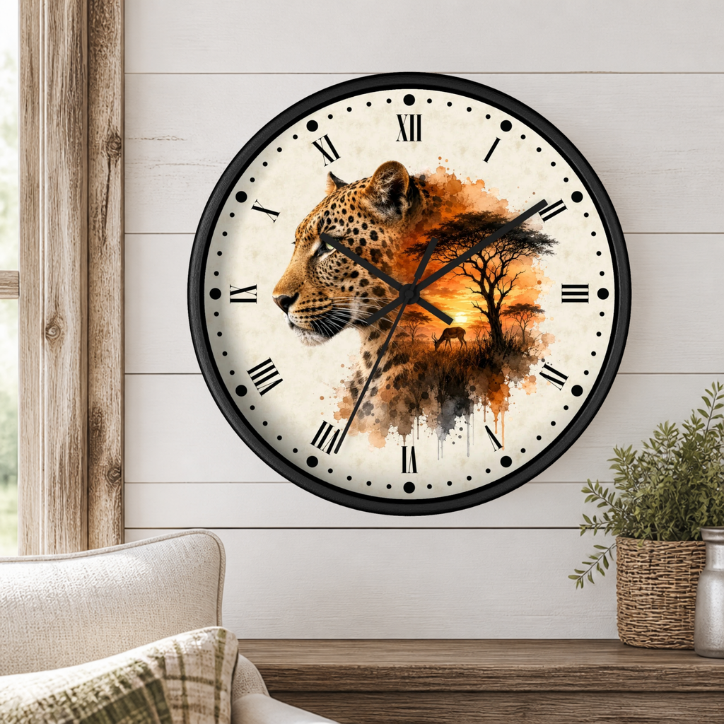 A round wall clock with a black frame and Roman numerals, featuring a leopard illustration over an orange and brown sunset landscape on the face, mounted on a white wood-paneled wall above a wooden table with a plant.