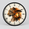 A round wall clock with a black frame and Roman numerals, featuring a printed design of a leopard profile blending into an African savanna landscape with trees and a sunset.