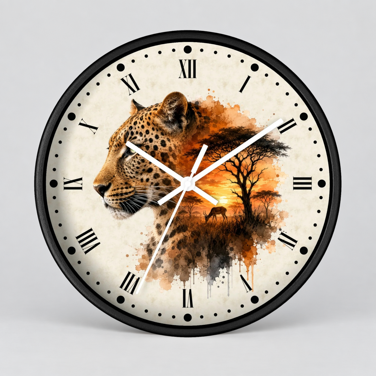 A round wall clock with a black frame and a cream-colored face featuring a watercolor-style design of a leopard, a tree, and a sunset. The clock has black Roman numerals and white hands, shown against a neutral light gray background.