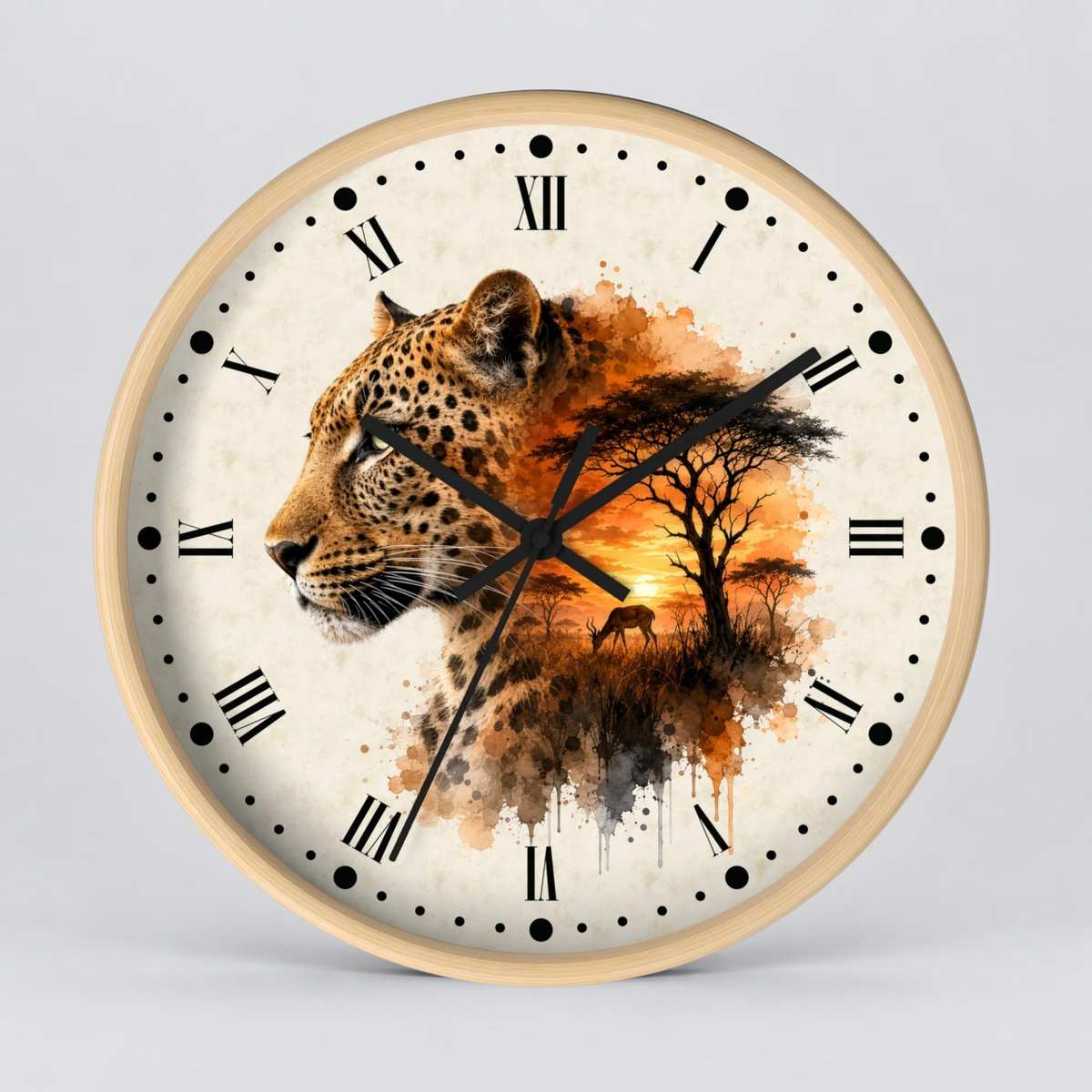 A round wall clock with a light wood frame and a cream-colored face featuring a painted leopard, tree silhouette, and sunset scene with Roman numerals and black hands.