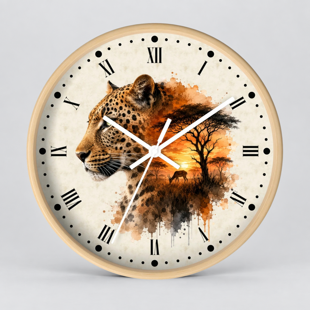 Round wall clock with a light wood frame and a safari-themed printed dial featuring a leopard, tree silhouette, and sunset in warm orange, brown, and black tones on an off-white background.