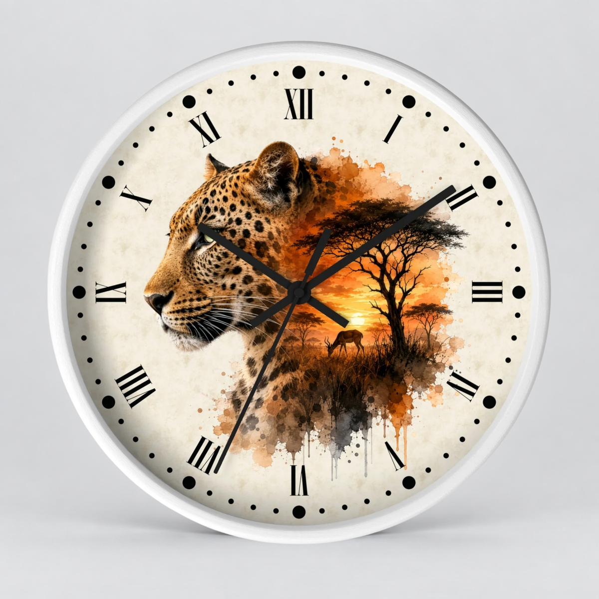 A round wall clock with a white frame and Roman numerals, featuring a printed design of a leopard in profile blending into an African savanna landscape with trees and a sunset.
