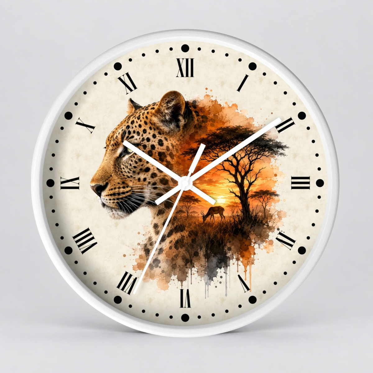A round wall clock with a white frame and a decorative dial featuring a leopard illustration, Roman numerals, black hour markers, and a warm sunset landscape with a tree and bird.