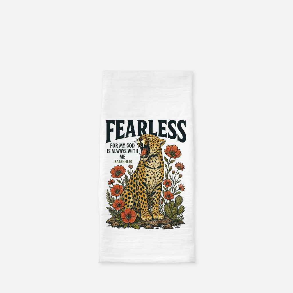 Towel with a Leopard and floral design, featuring the text 'Fearless: For my God is always with me'.