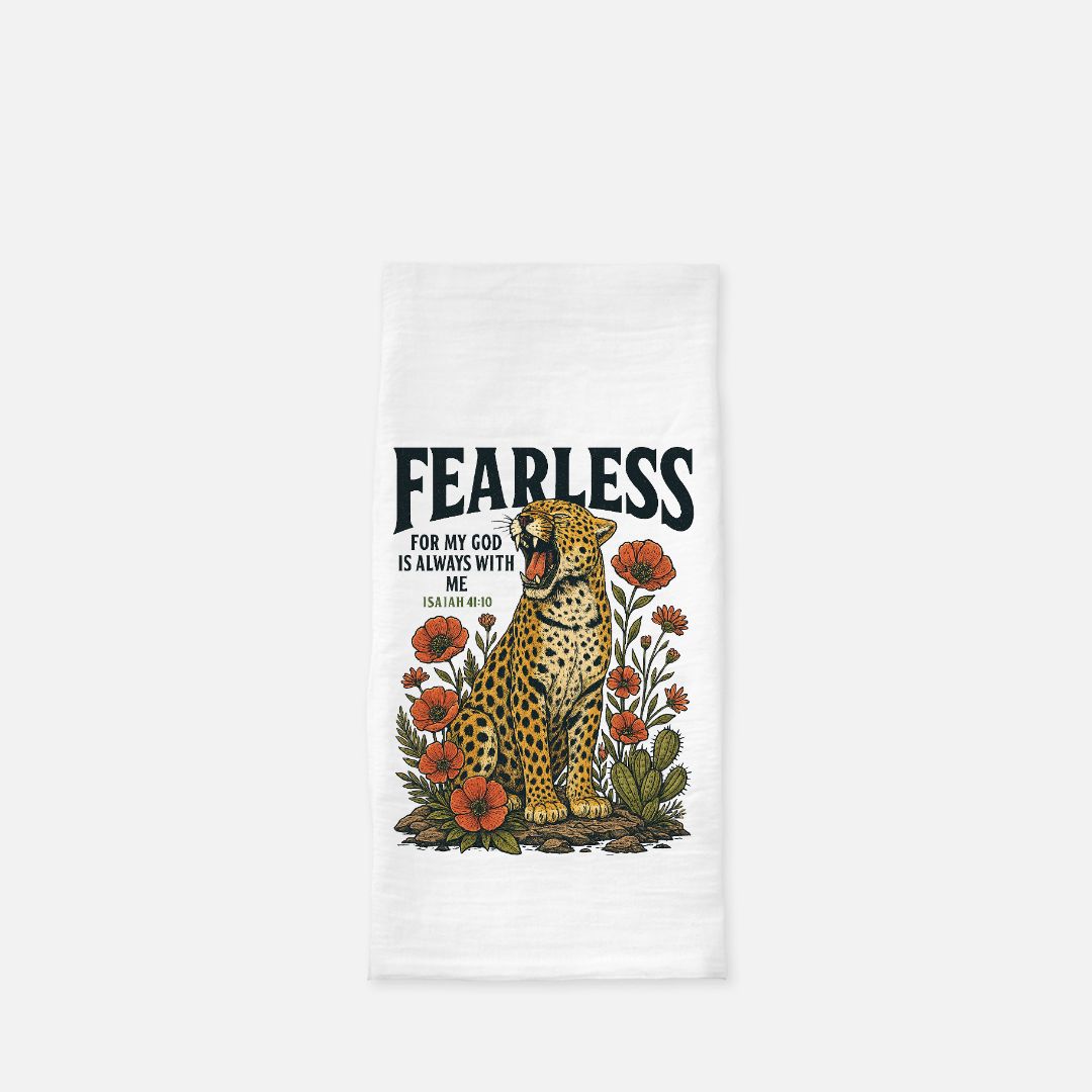 Towel with a Leopard and floral design, featuring the text 'Fearless: For my God is always with me'.