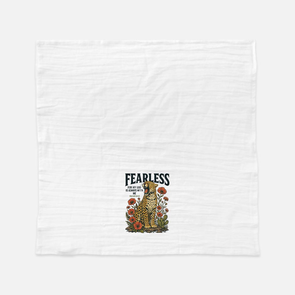 White tea towel with a leopard graphic and 'Fearless' text on a white background