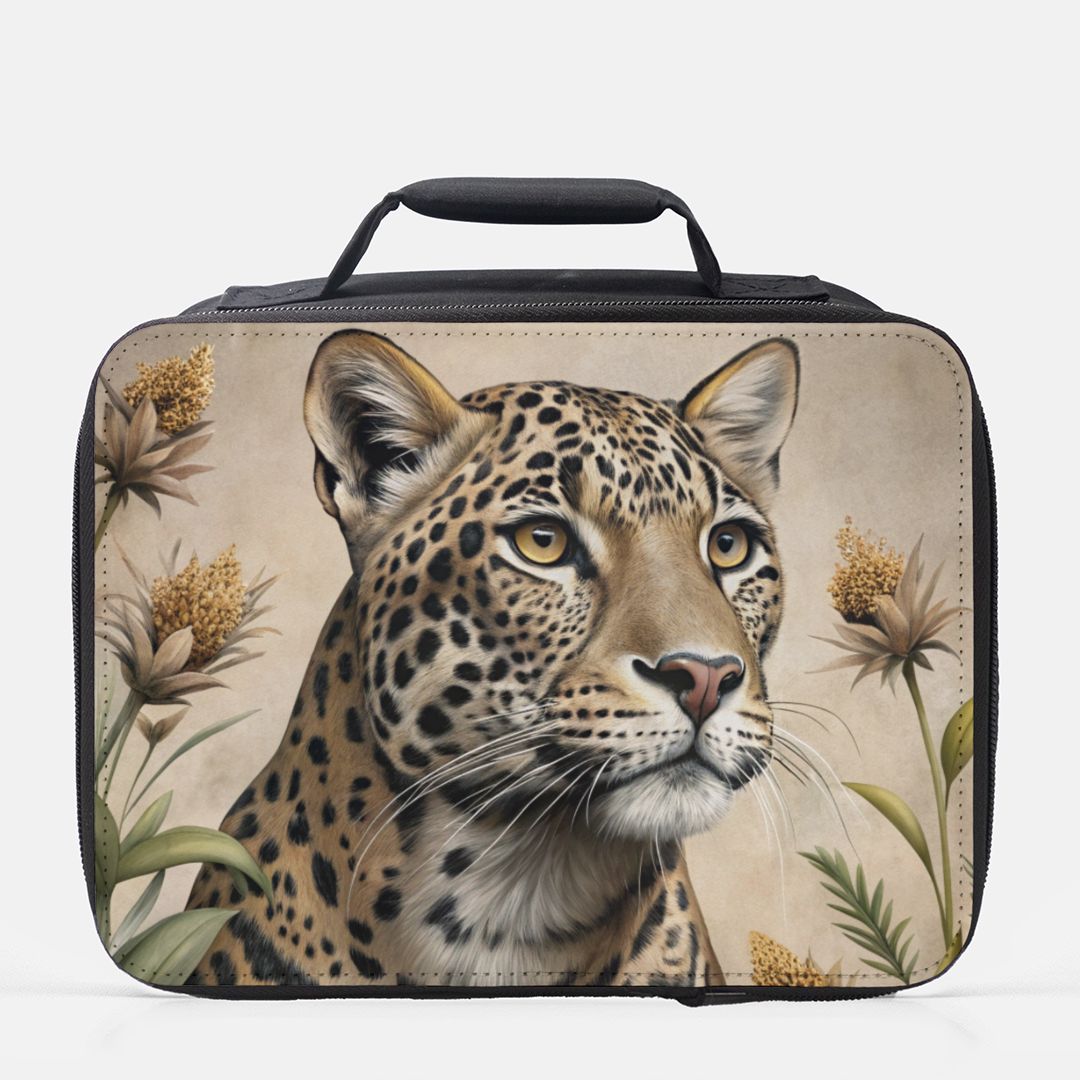  insulated lunch bag with a leopard design on a beige background
