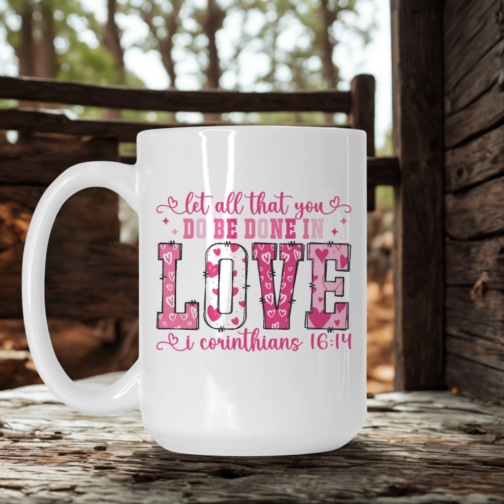 White mug with pink text on a wooden surface outdoors