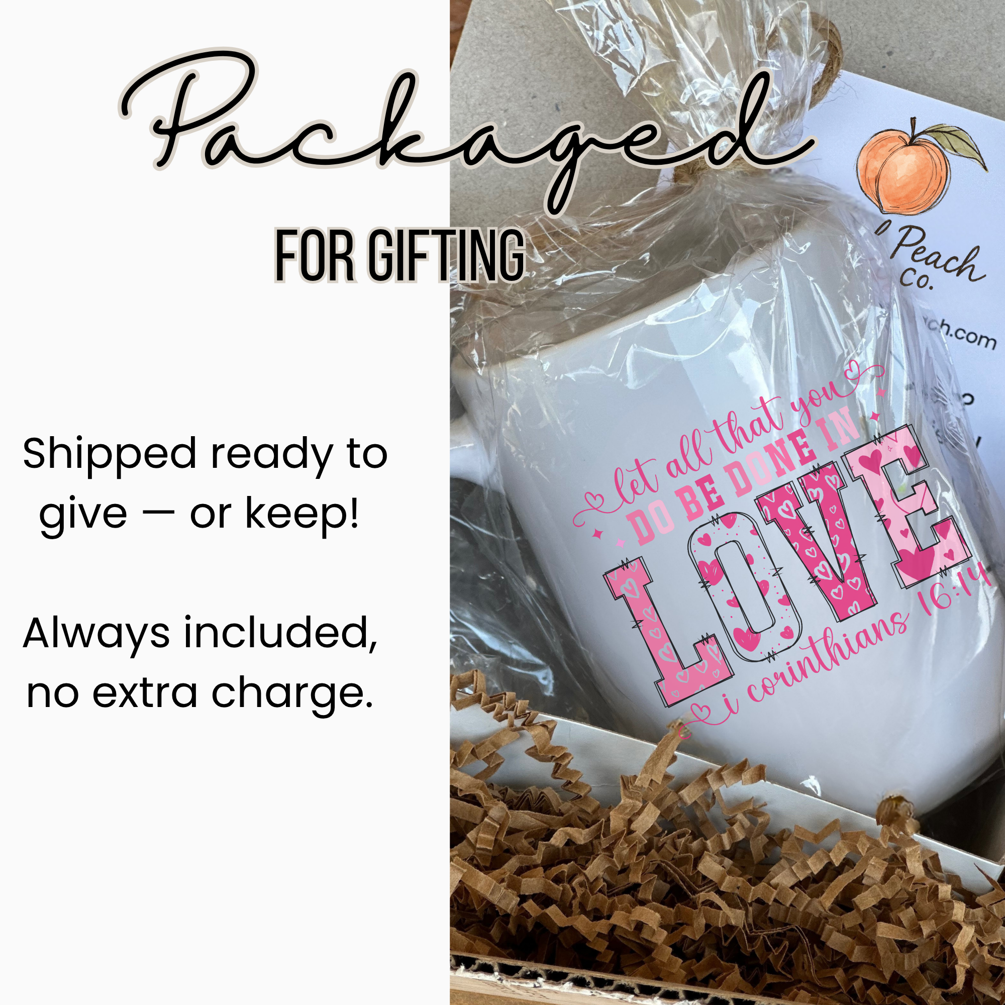 White mug with pink text in a gift-wrapped box, labeled 'Peach Co'.