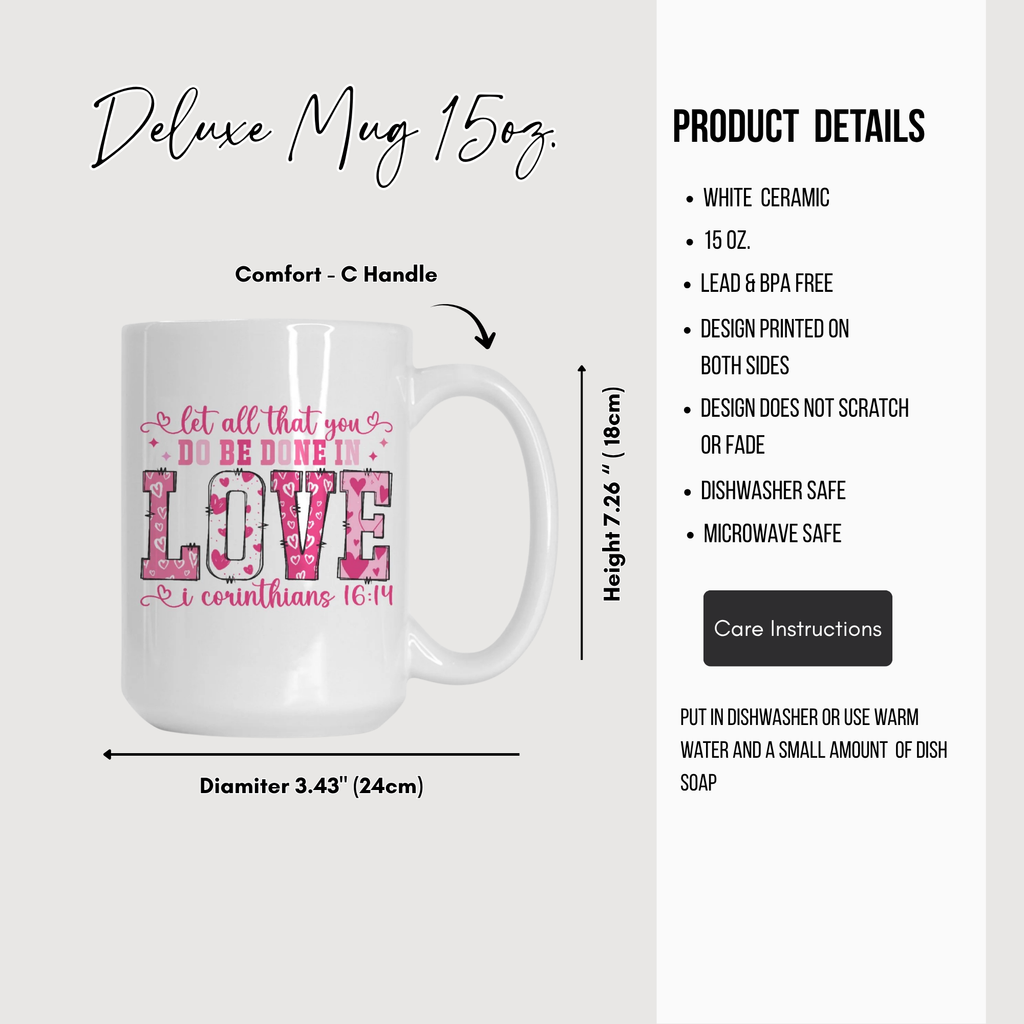 White mug with pink and red design and text, displayed with product details on a white background.