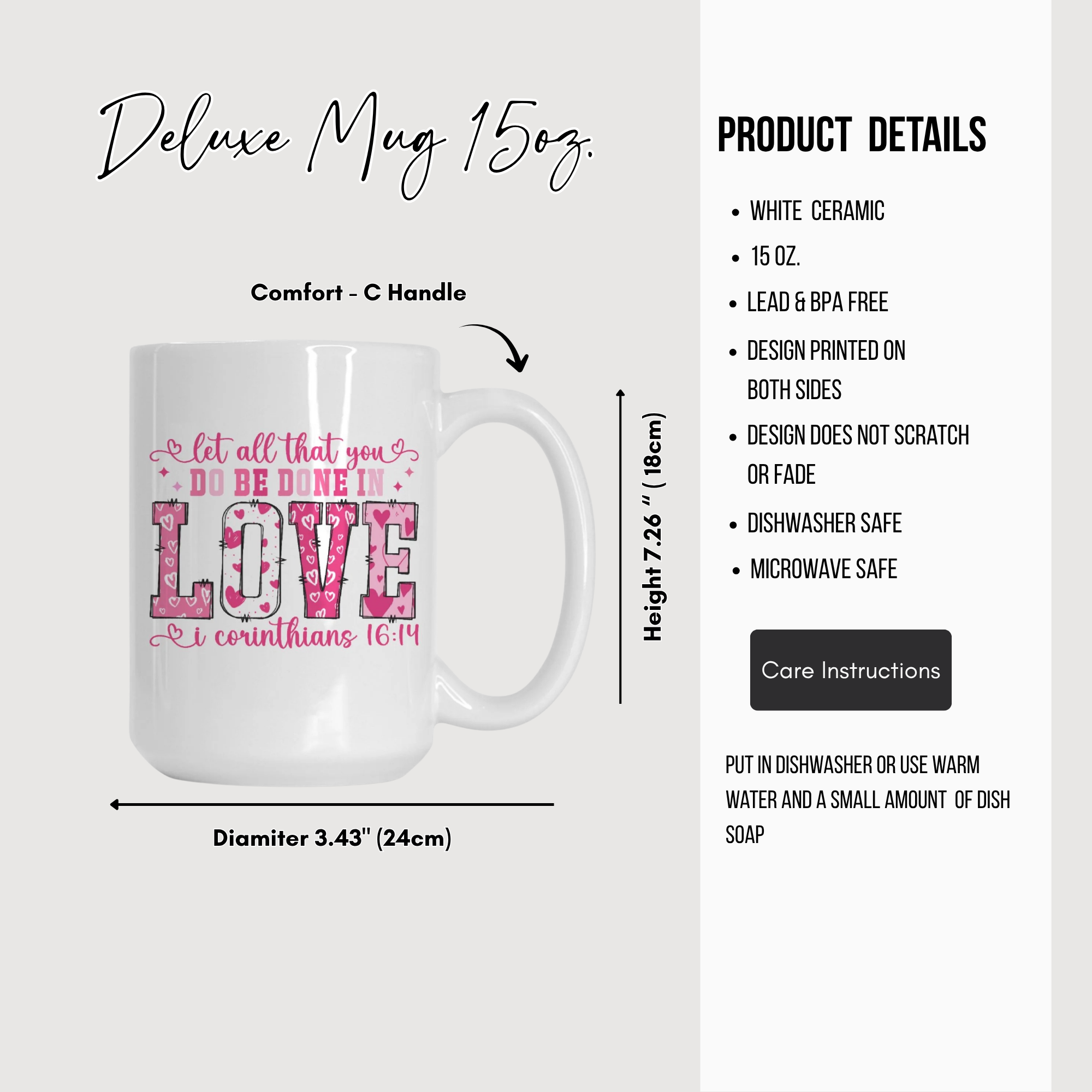 White mug with pink and red design and text, displayed with product details on a white background.