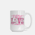 White mug with pink text on a white background