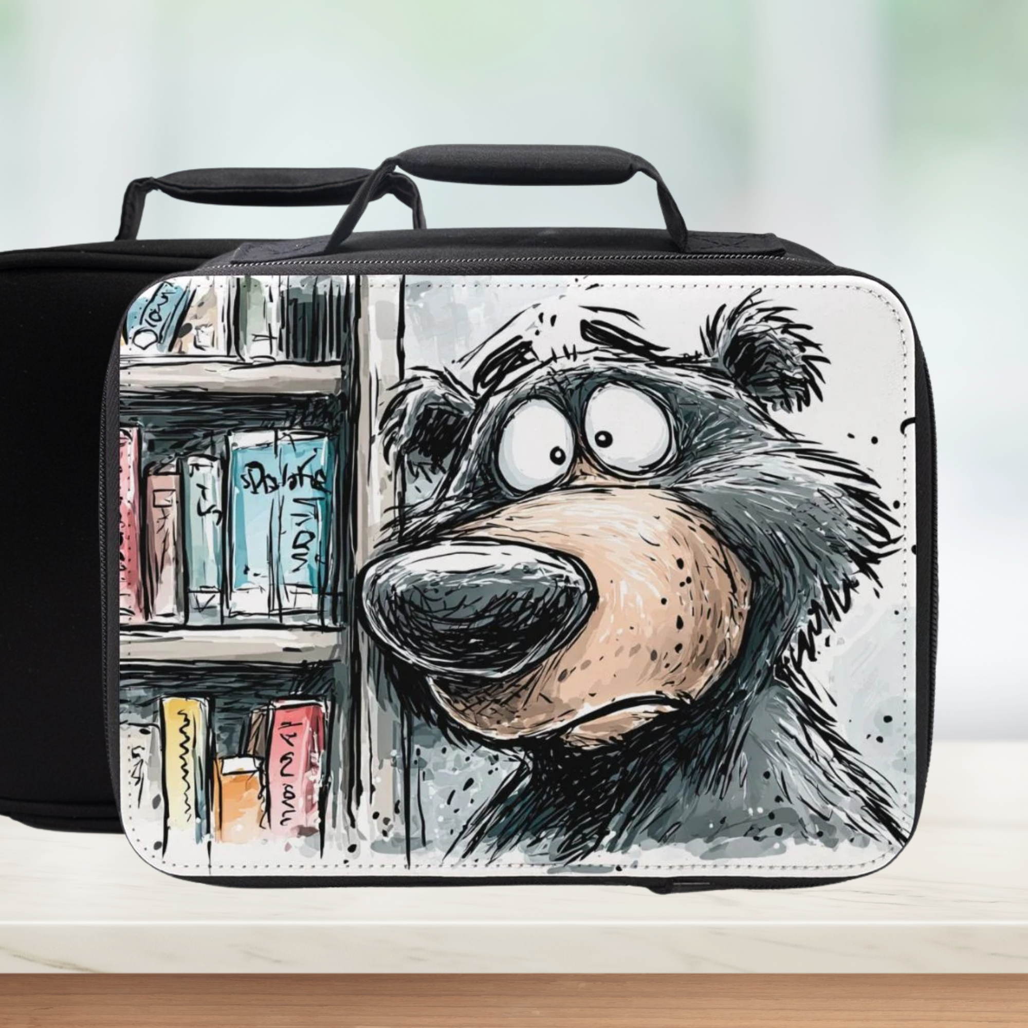 Black lunch bag with a cartoon bear design on a white background