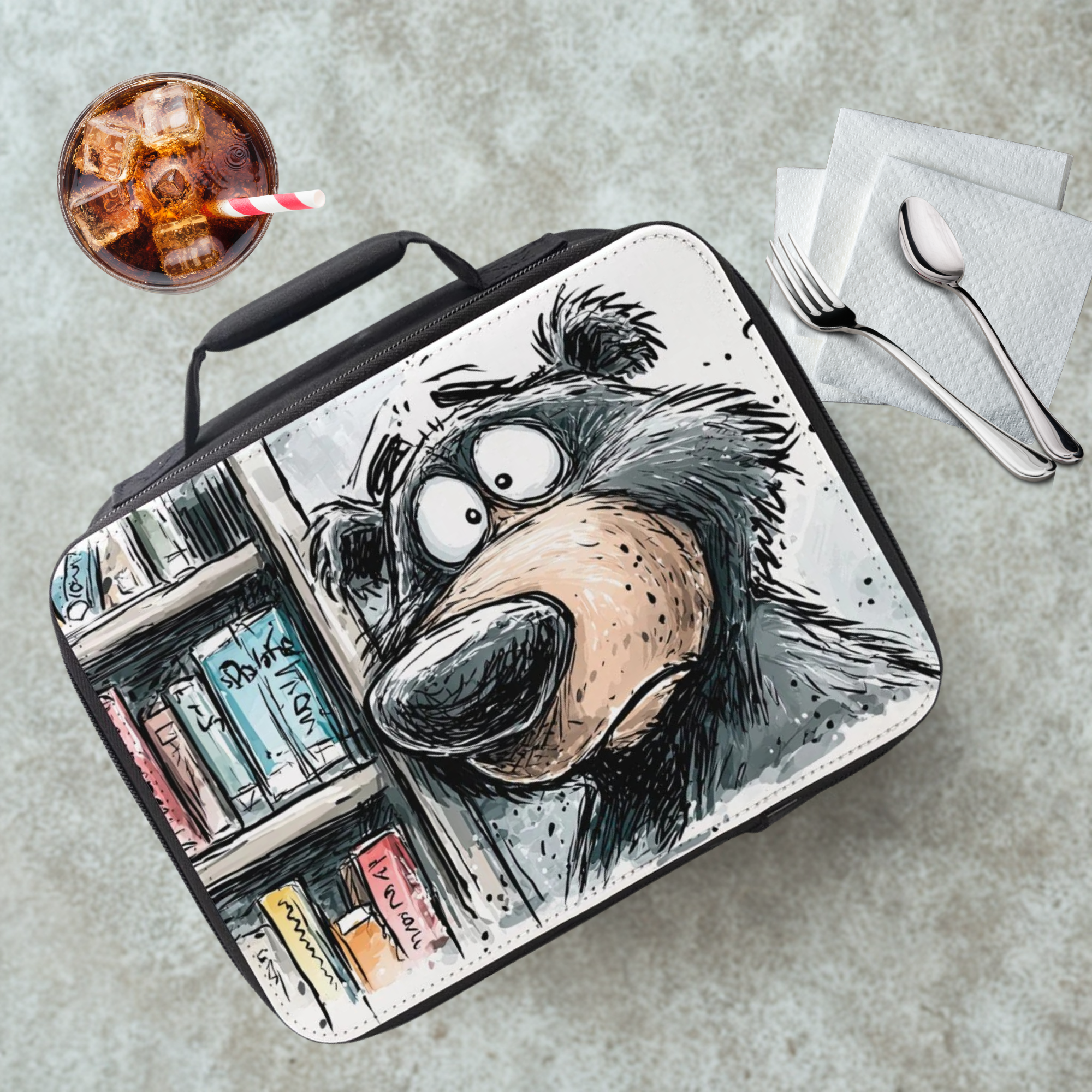 Lunch bag with a cartoon bear design on a cafeteria table with a drink and utensils.