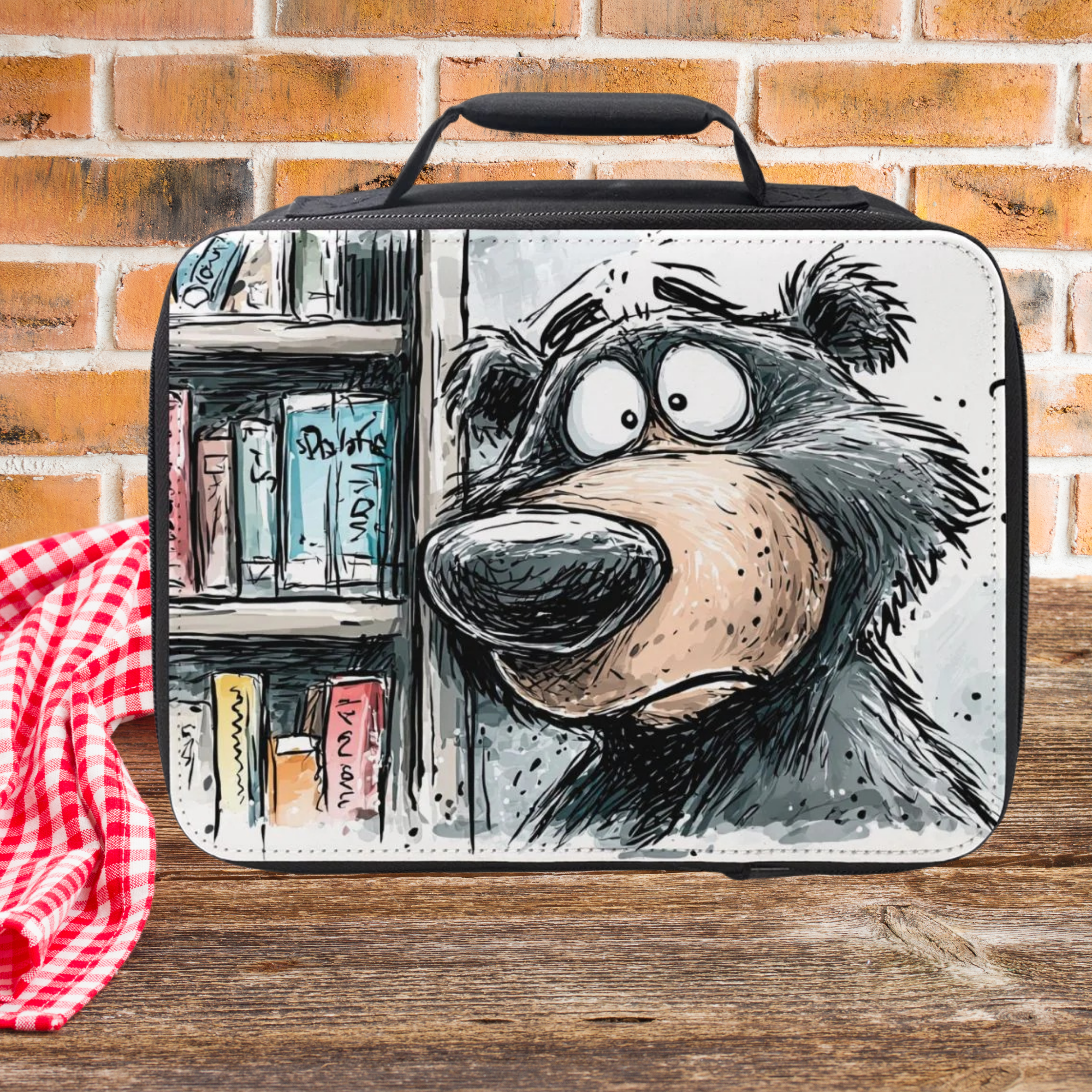 Lunch bag with cartoon bear design on a wooden picnic table and brick wall background