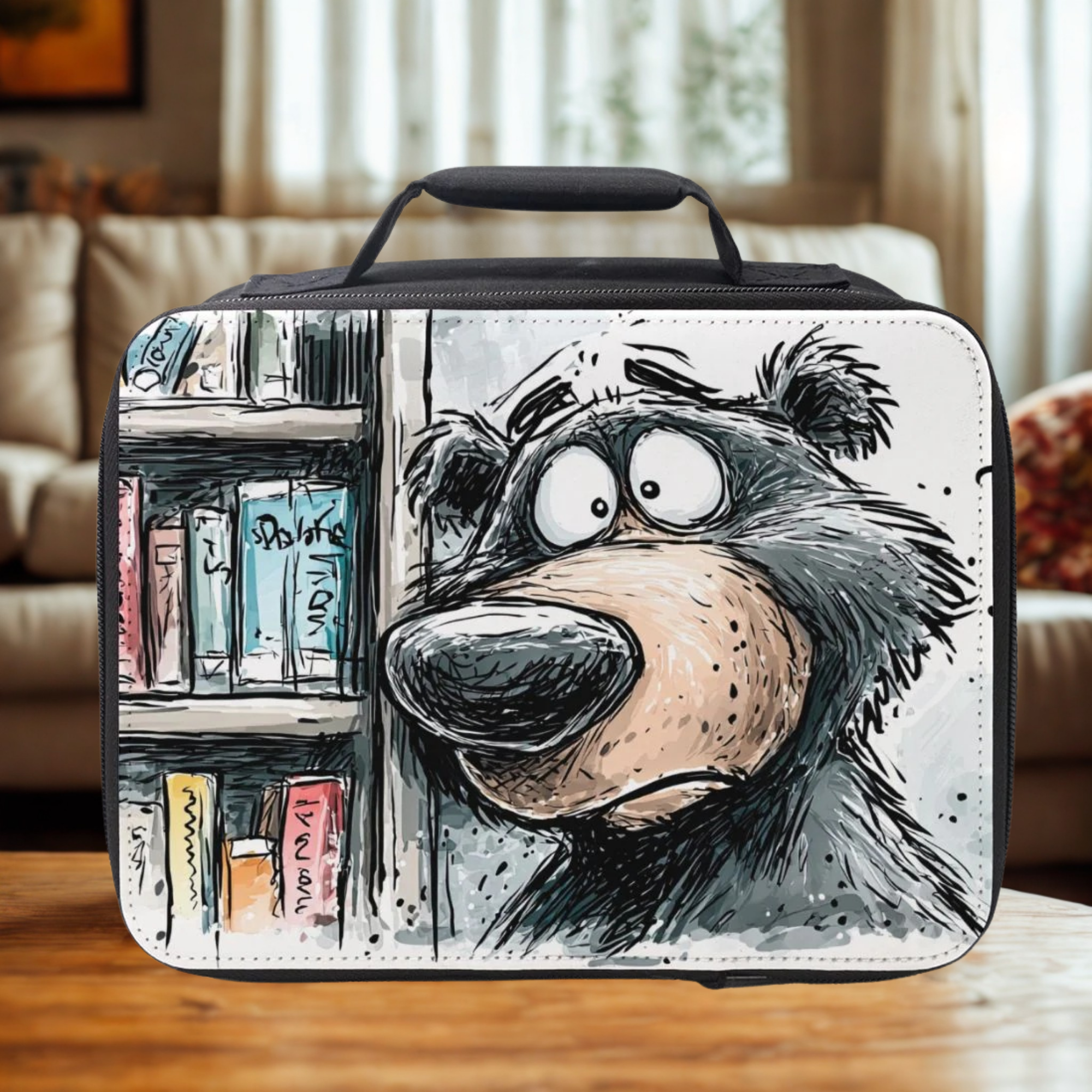  insulated lunch bag with cartoon bear design on a wooden living room table