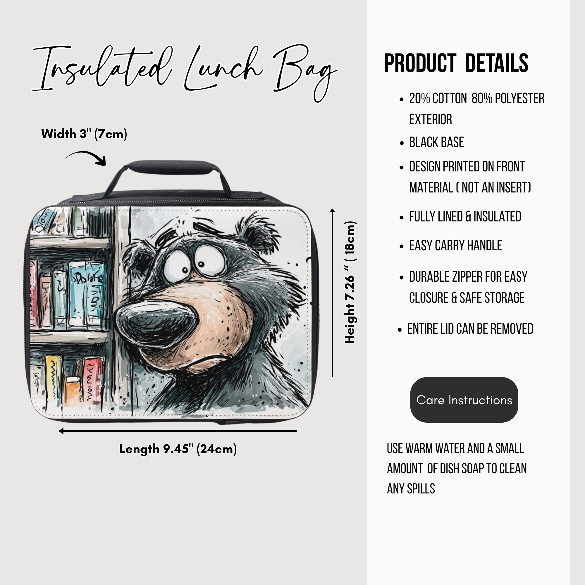 Insulated lunch bag with cartoon bear design and product details on a white background