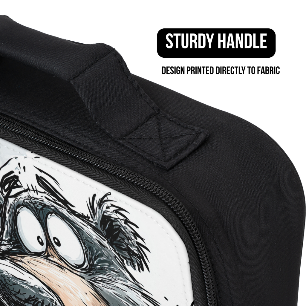 Black bag with cartoon character design and 'Sturdy Handle' text on a white background