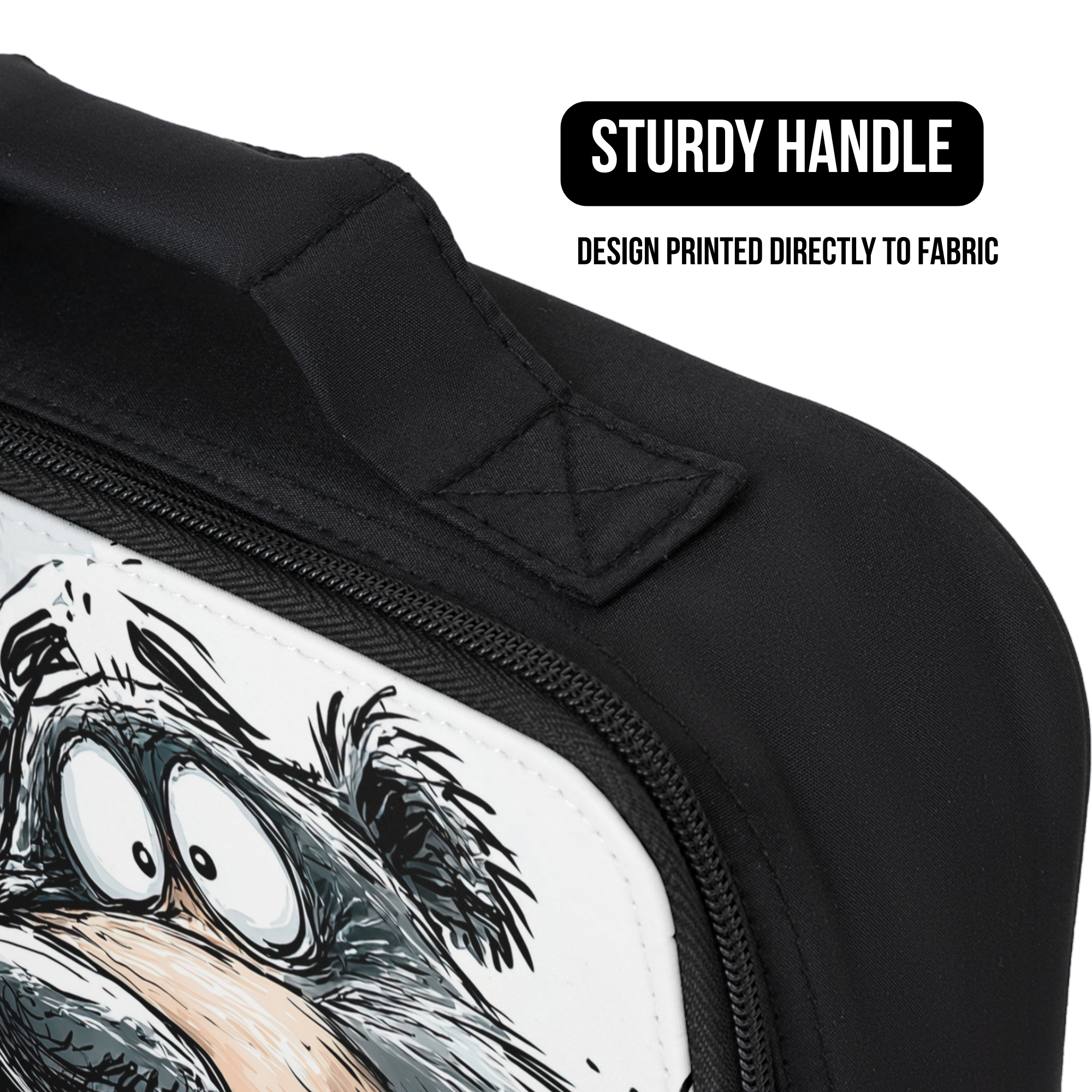 Black bag with cartoon character design and 'Sturdy Handle' text on a white background