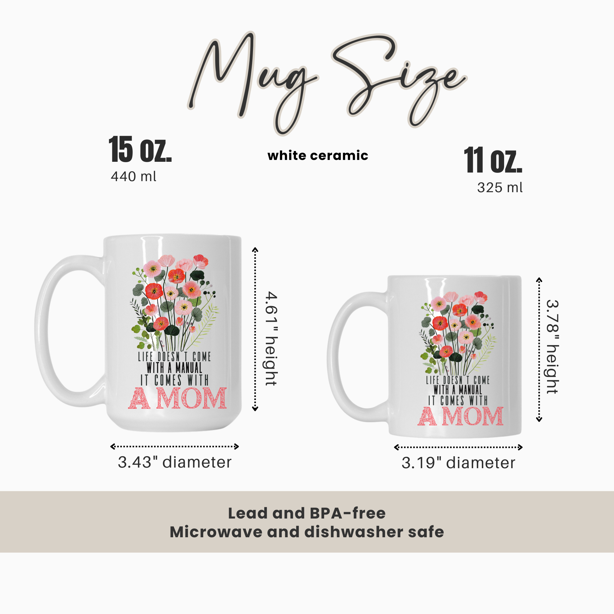 15oz and 11oz white ceramic mugs with floral designs and text, showing size comparison and features.