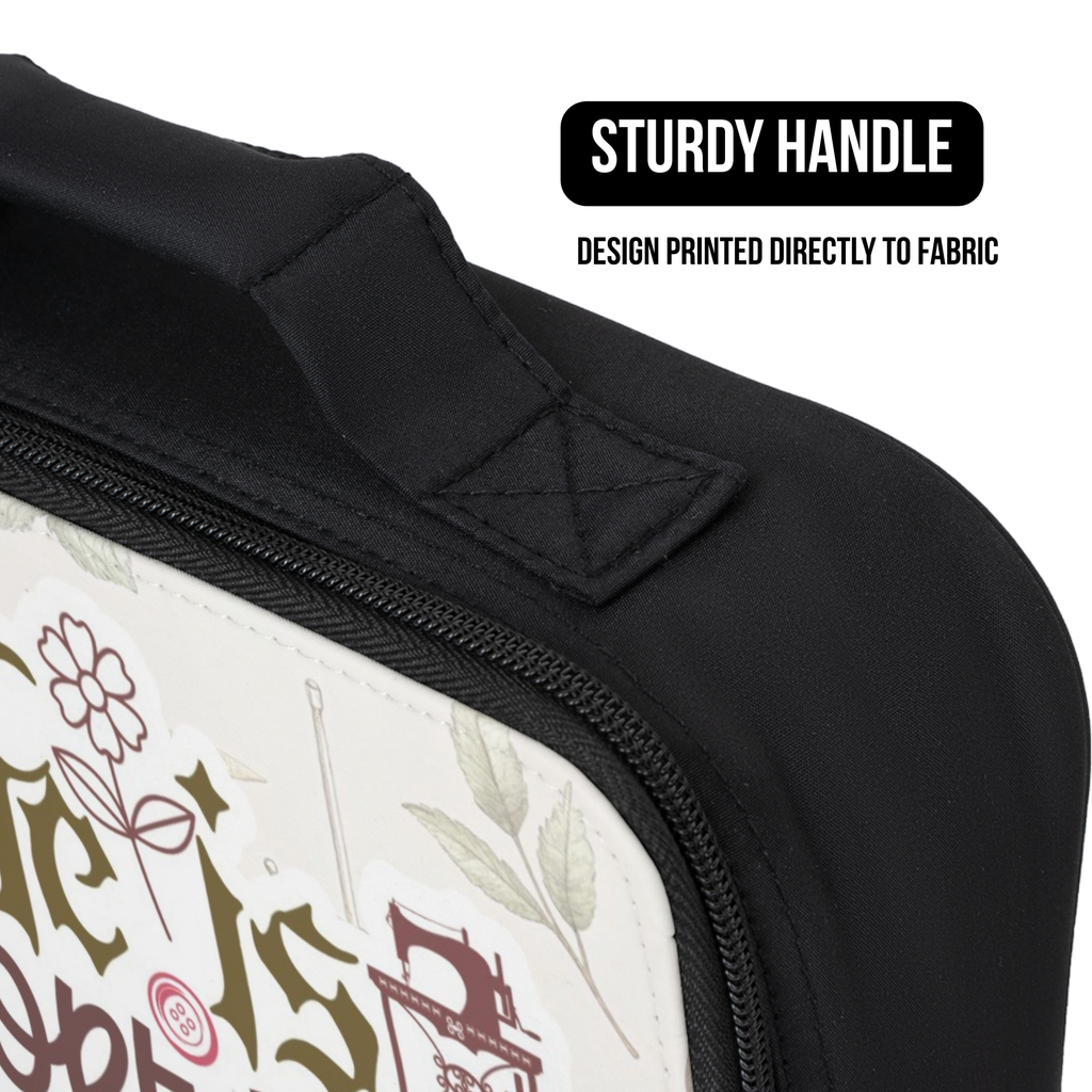 Black lunch bag with floral design and text, featuring a sturdy handle.