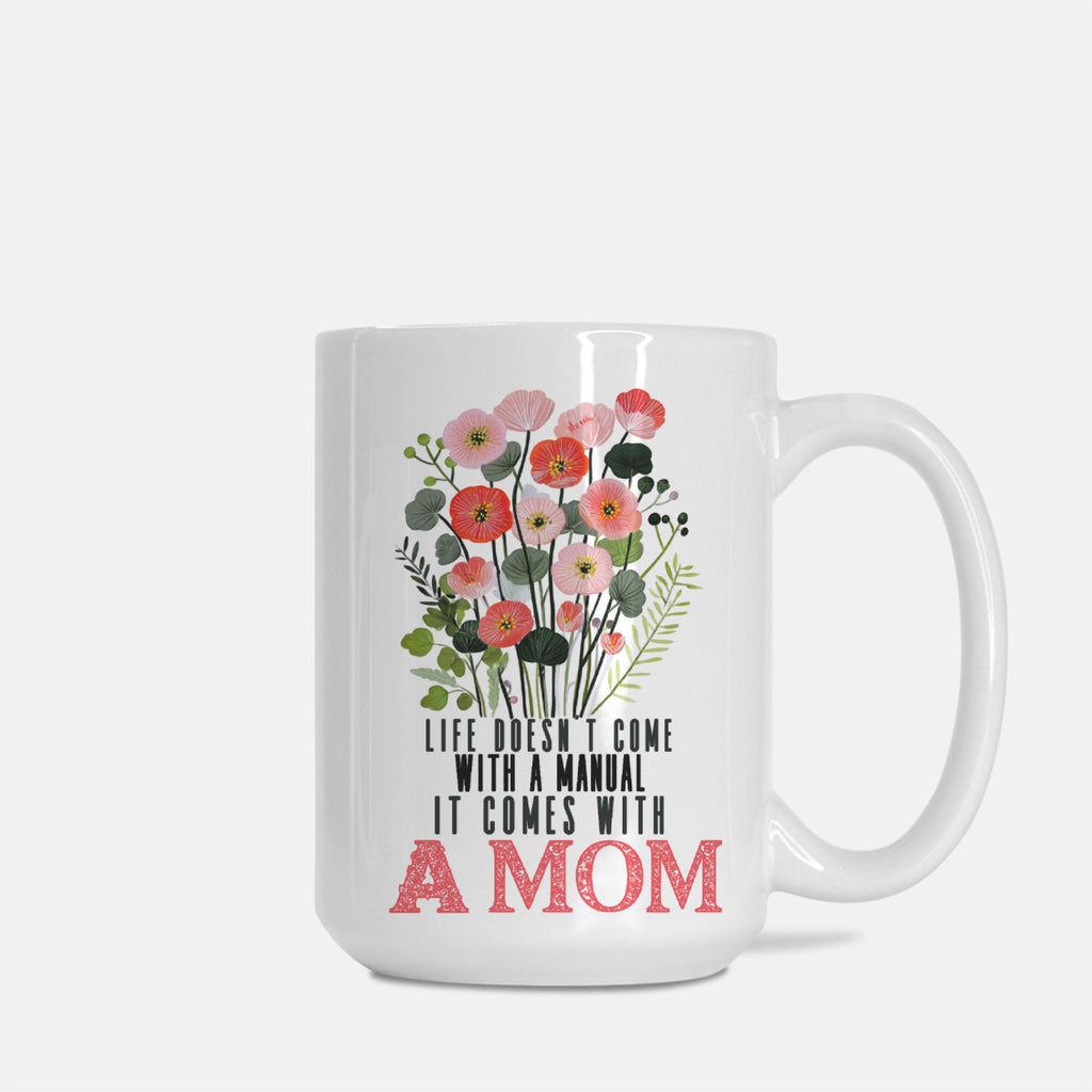 White mug with floral design and text on a white background