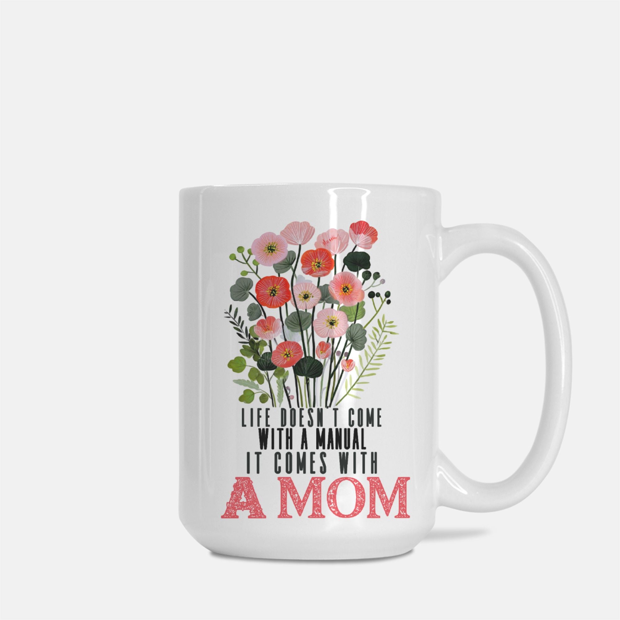 White mug with floral design and text on a white background