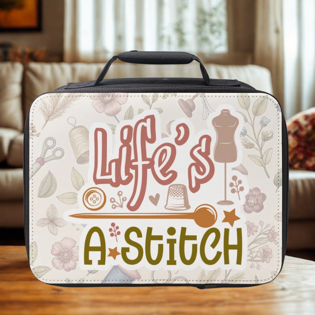 Sewing-themed insulated lunch bag with 'Life's A Stitch' text on a wooden coffee table in a living room.