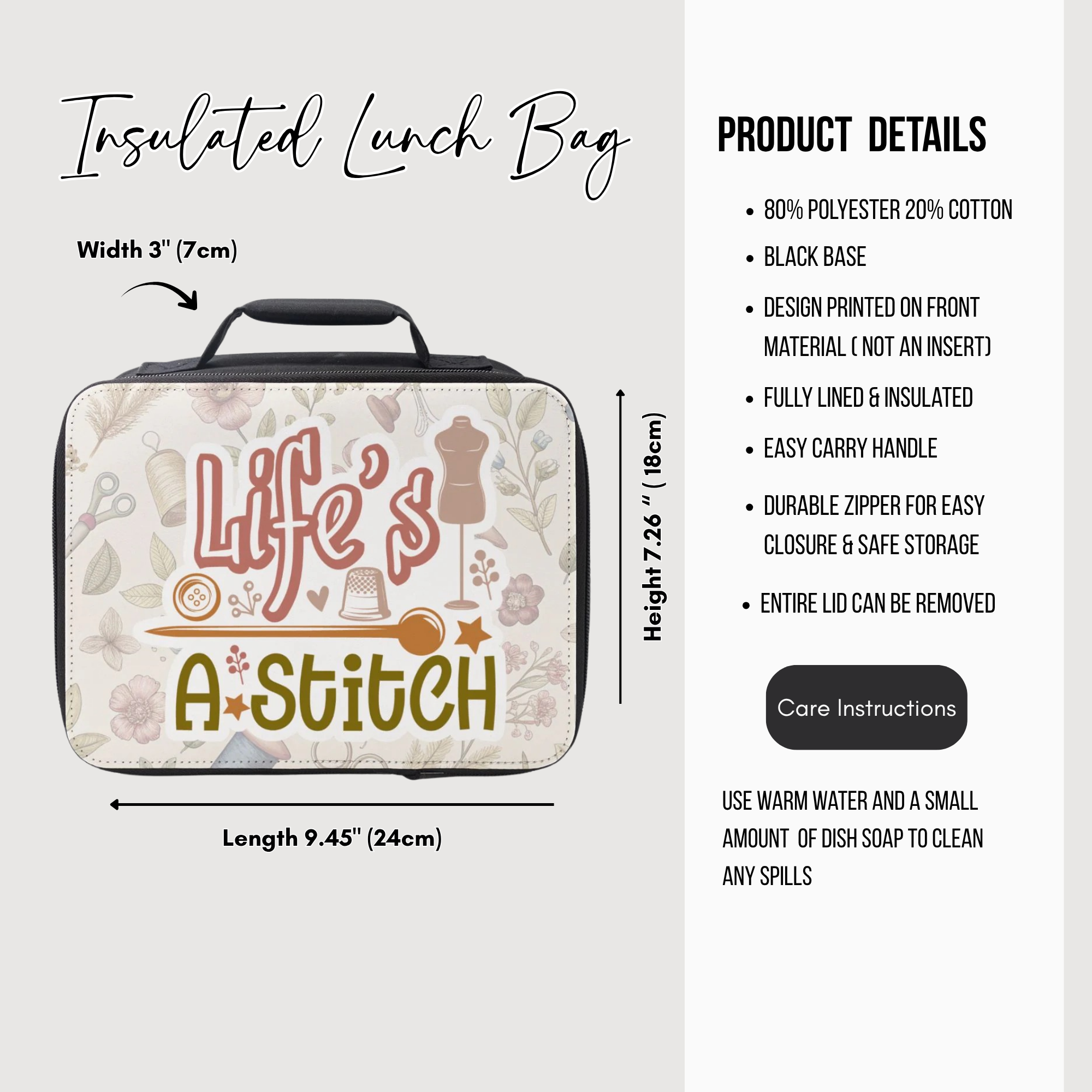 Insulated lunch bag with floral design and text 'Life's a Stitch', featuring dimensions and product details.