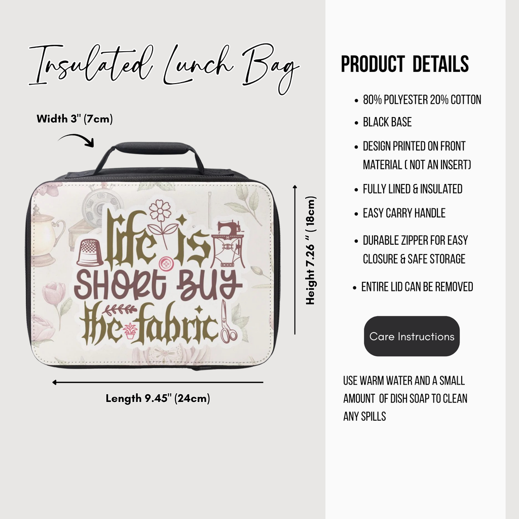 Insulated lunch bag with floral design and text, featuring dimensions and product details.