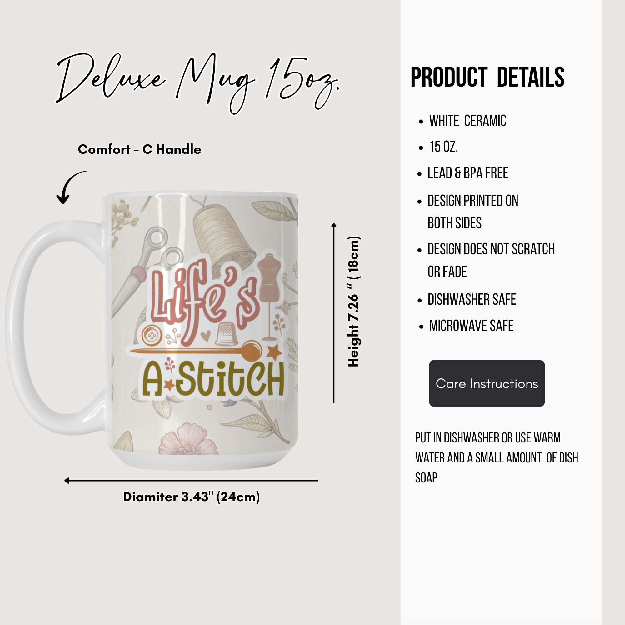White ceramic mug with 'Life's a Stitch' design, featuring product details on the right side.