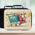  insulated lunch bag with cartoon design of lightning struck shopping cart on counter with a light background