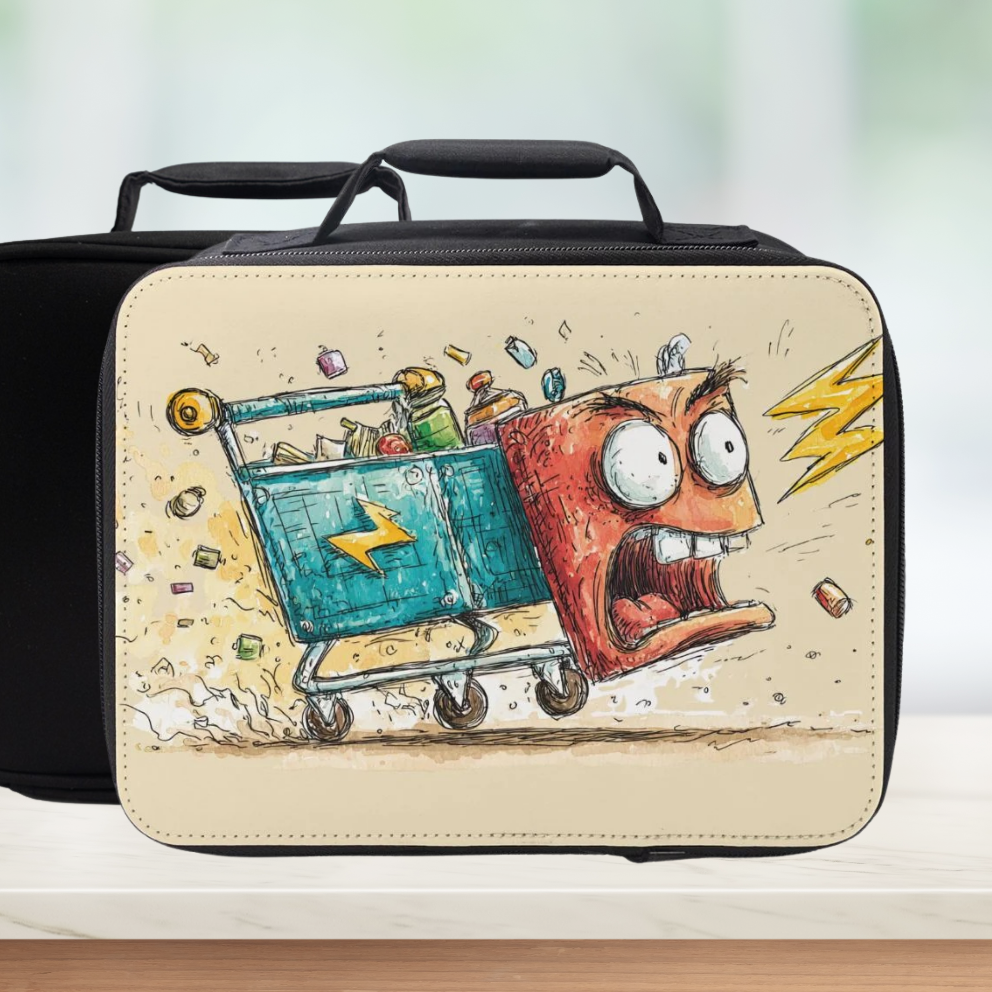  insulated lunch bag with cartoon design of lightning struck shopping cart on counter with a light background