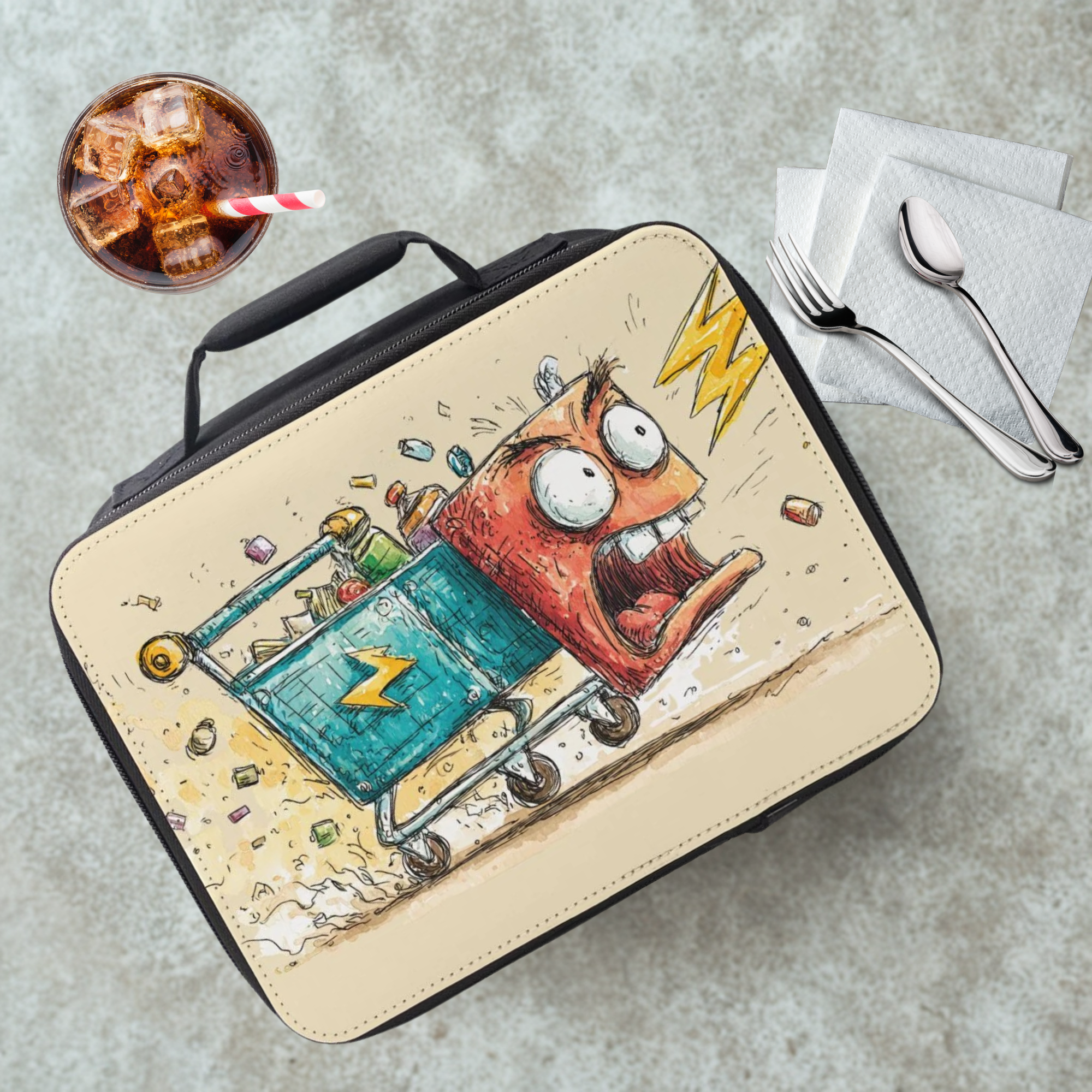  insulated lunch bag with cartoon design of an angry shopping cart character on a cafeteria table with a drink and utensils.