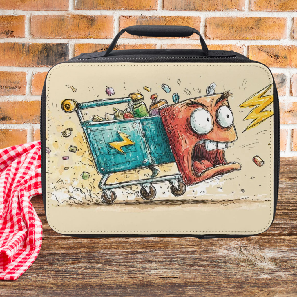  insulated lunch bag with cartoon design on a wooden picnic table and brick wall background