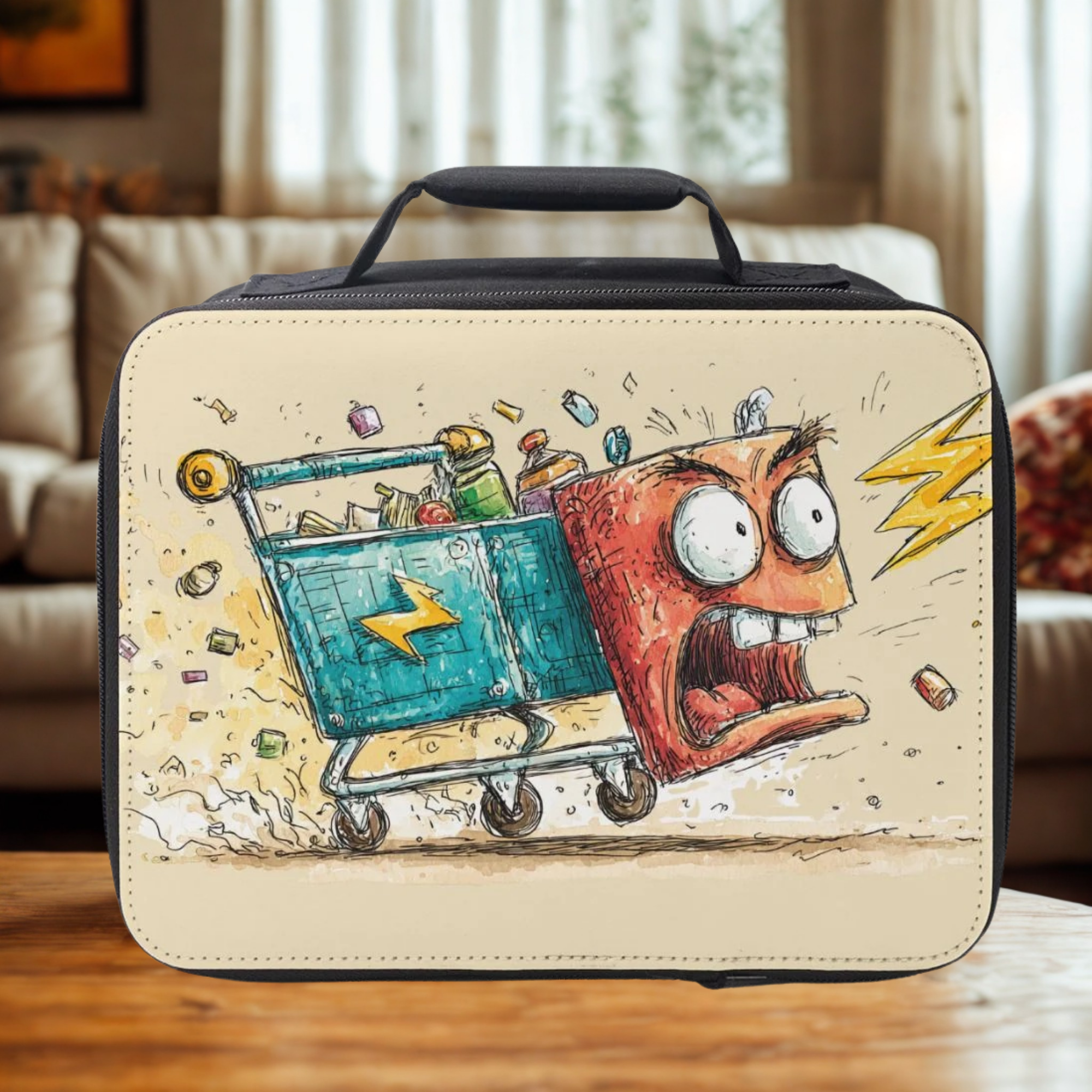 Lunch bag with cartoon design of a character with a shopping cart full of items on a wooden coffee table in a living room.