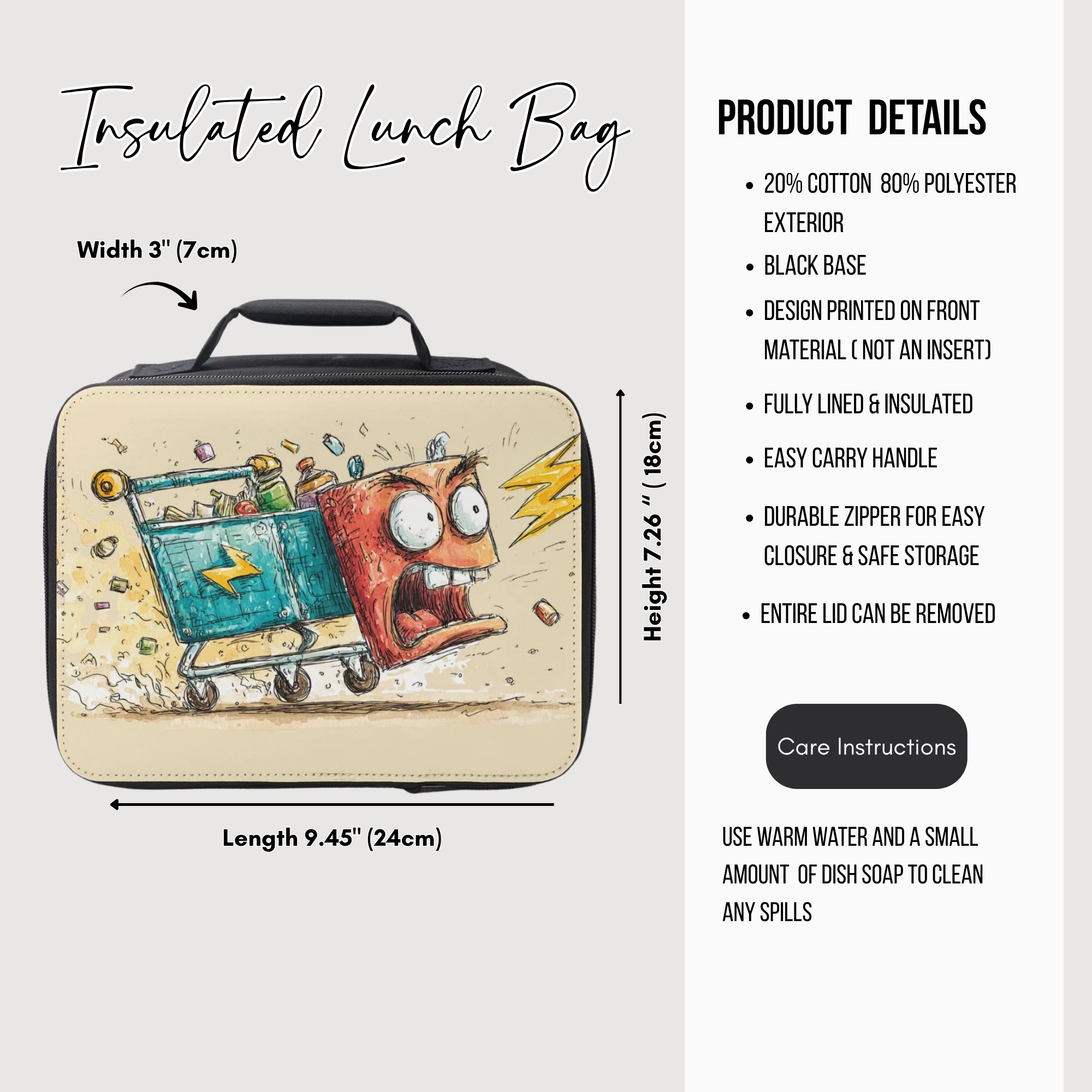 Insulated lunch bag with cartoon design and product details on a white background