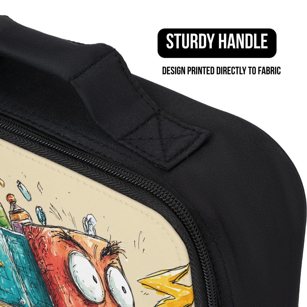 Black bag with a cartoon design and 'Sturdy Handle' text on a white background