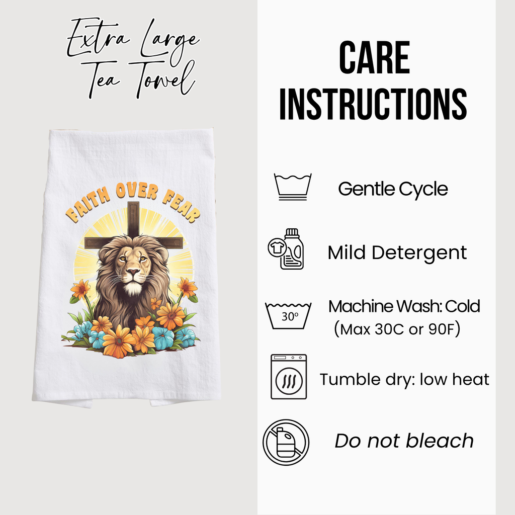 Tea towel with lion and cross design and care instructions on a white background