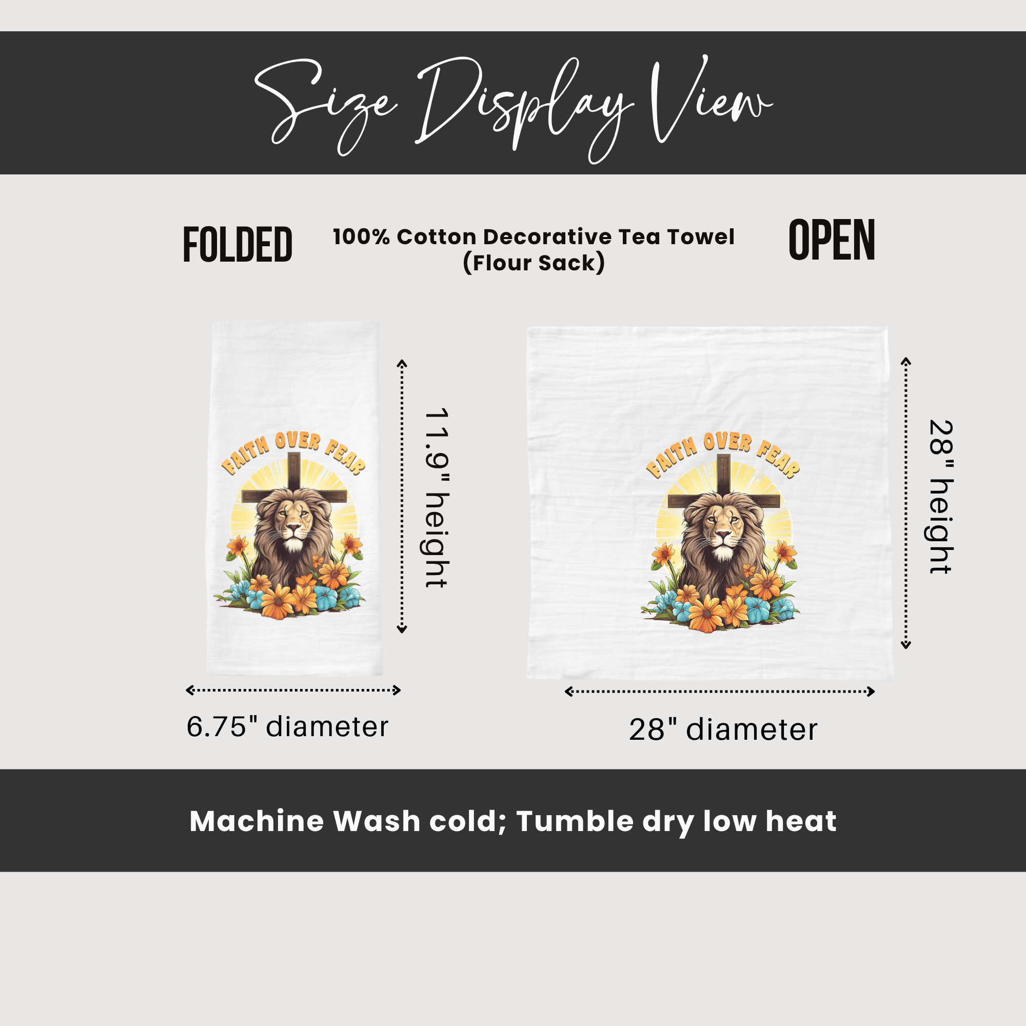 Size display view of a decorative tea towel with lion graphic and text.