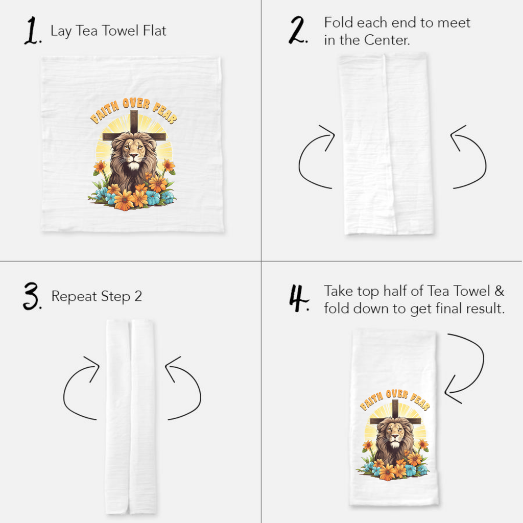 Instructions for folding a tea towel with a lion and cross design.