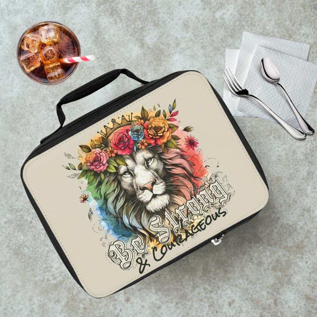 Lunch bag with lion design and floral elements on a cafeteria table with a drink and utensils.