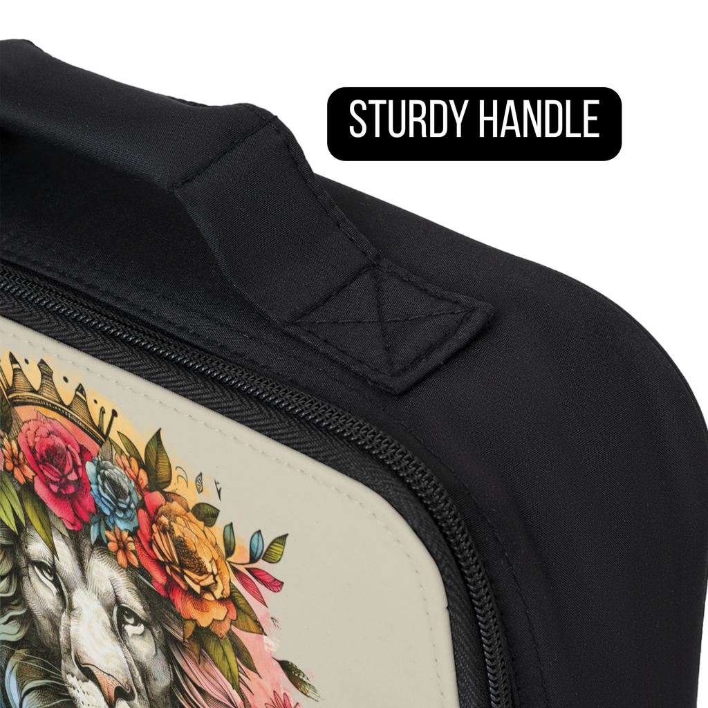 Black bag with a colorful lion design and 'Sturdy Handle' text