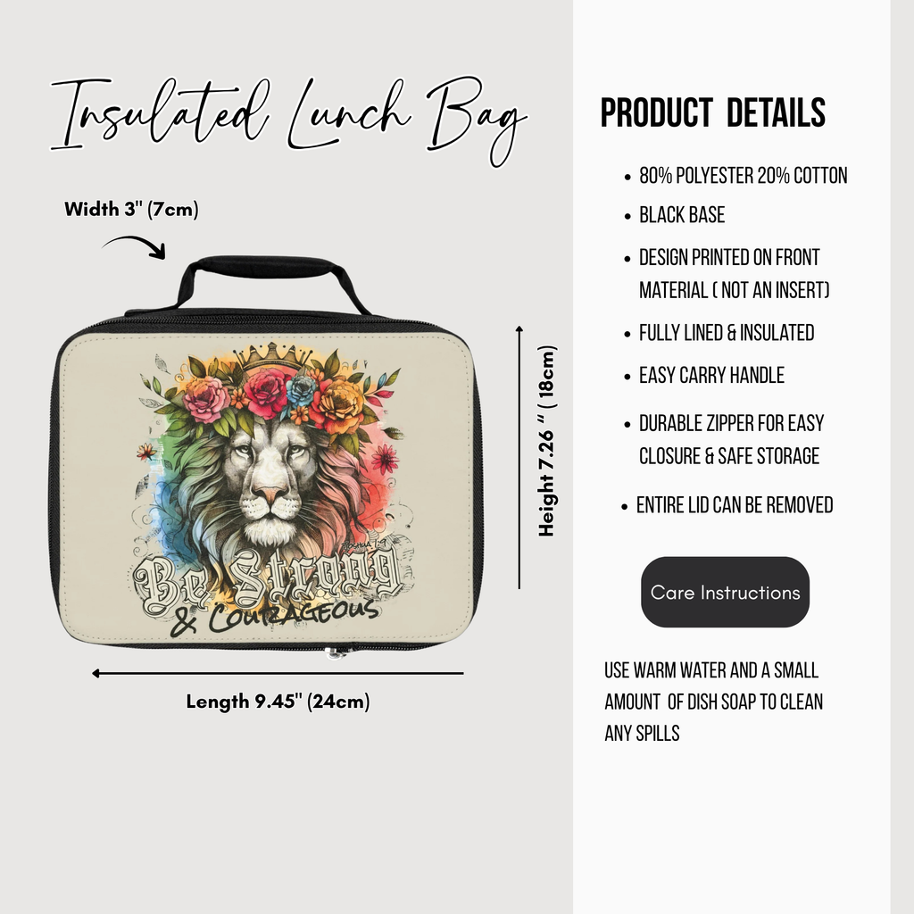 Insulated lunch bag with lion design and product details on a white background