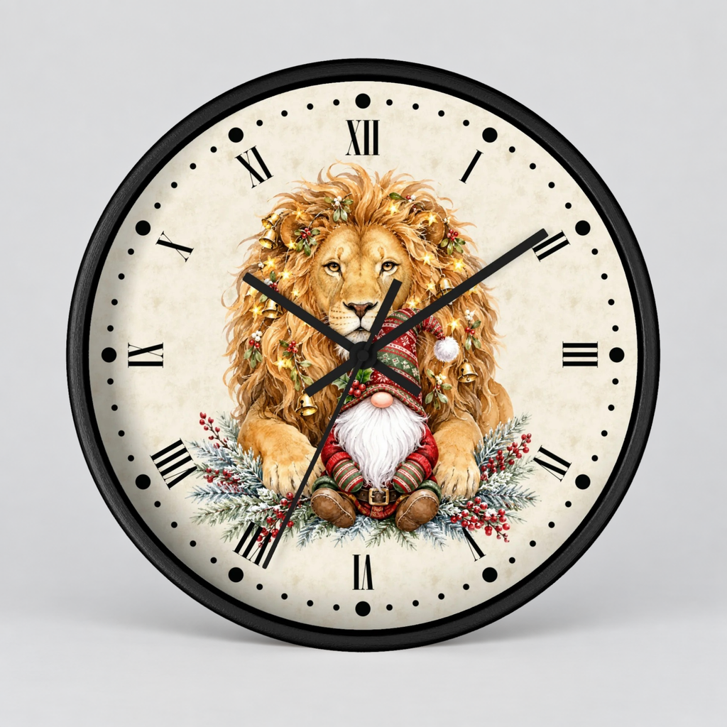 Round wall clock with a black frame and Roman numeral hour markers, featuring an illustration of a golden lion and a small gnome on the clock face, shown against a light gray background.