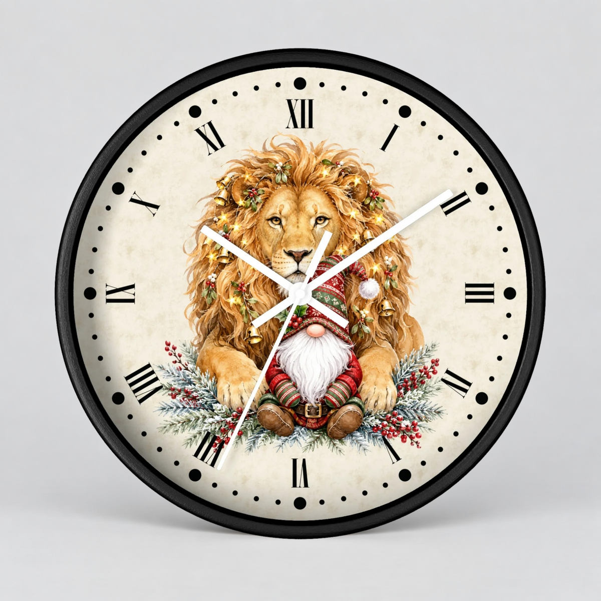 A round wall clock with a black frame and a cream-colored face, featuring an illustration of a golden lion and a small Santa-clad gnome surrounded by holiday greenery. The clock uses Roman numerals for hour markers and has black hands on a light gray background.