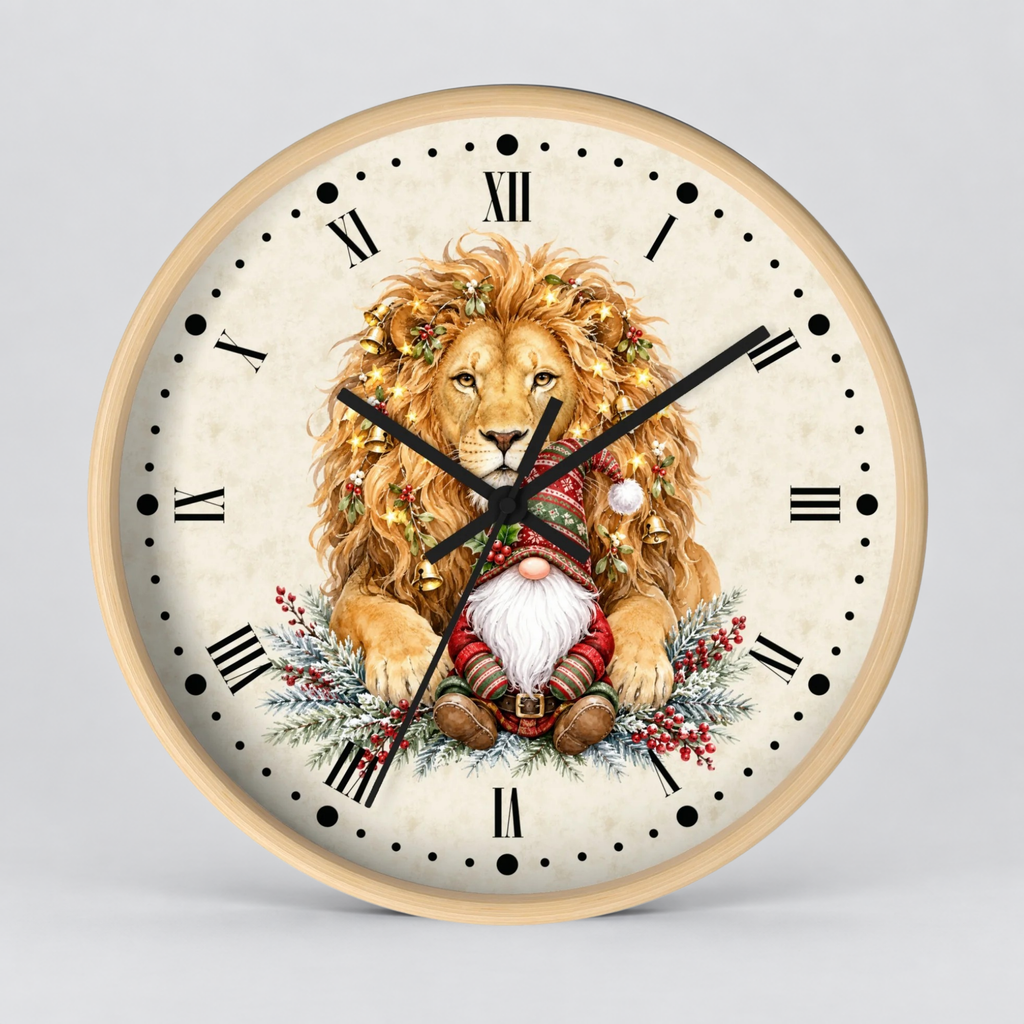 Round wall clock with a light wood frame and a cream-colored face, featuring a central illustration of a golden lion and a Christmas gnome surrounded by holiday greenery and red berries, with black Roman numerals and hands.