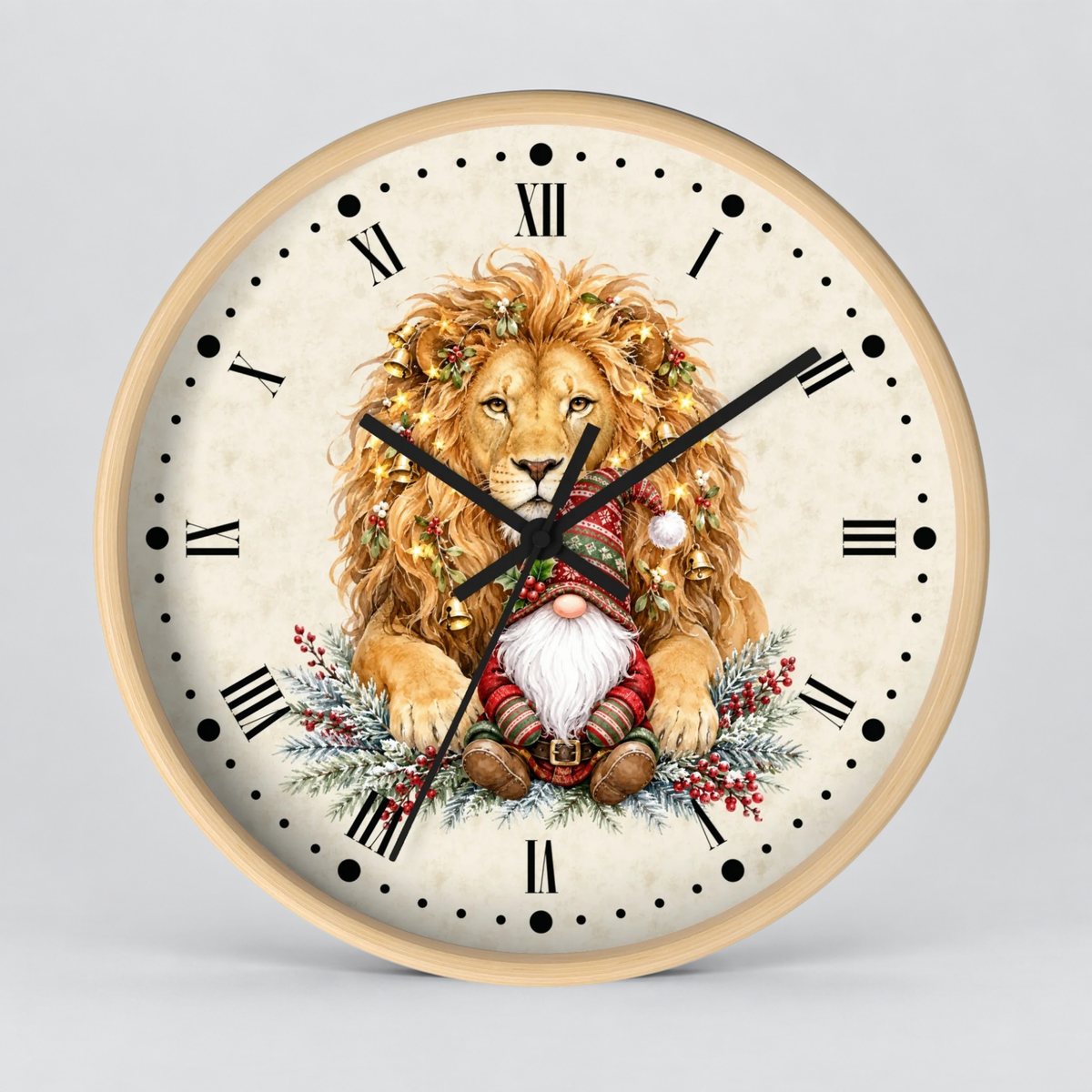 Round wall clock with a light wood frame and a cream-colored face, featuring a central illustration of a golden lion and a Christmas gnome surrounded by holiday greenery and red berries, with black Roman numerals and hands.