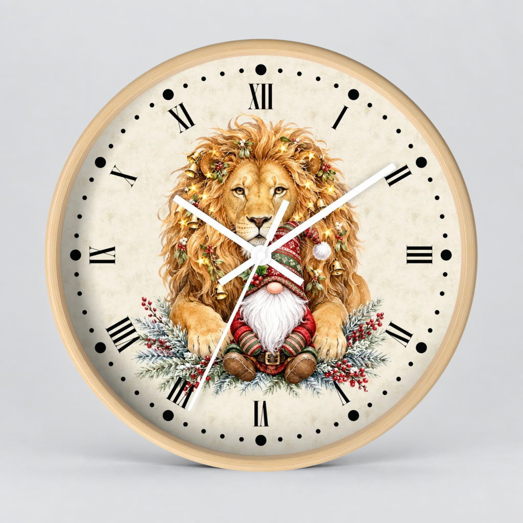 Round wall clock with a light wood frame and a cream-colored face featuring a detailed illustration of a golden lion wearing a festive wreath, a Santa-clad gnome, and holiday greenery, with black Roman numerals and white hands.