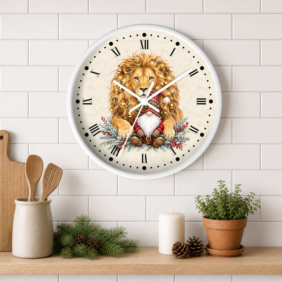 Lion & Gnome Holiday Wall Clock — Festive Animal Christmas Decor